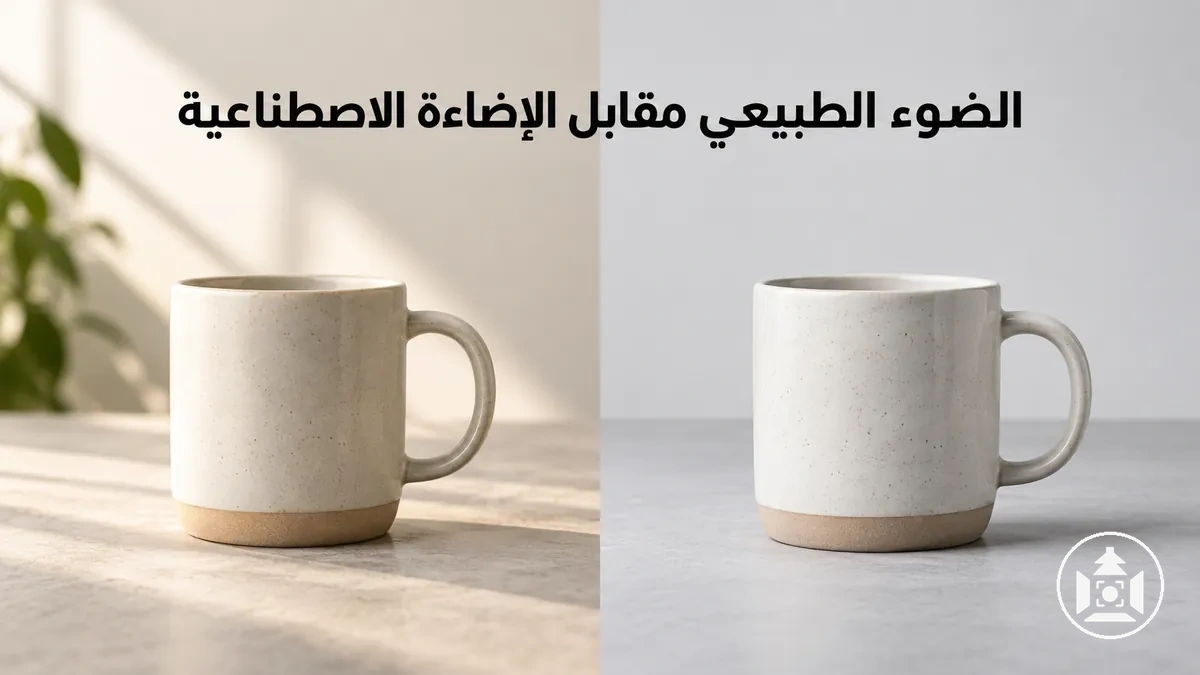 منتج مصور بالضوء الطبيعي وبإضاءة استوديو اصطناعية للمقارنة