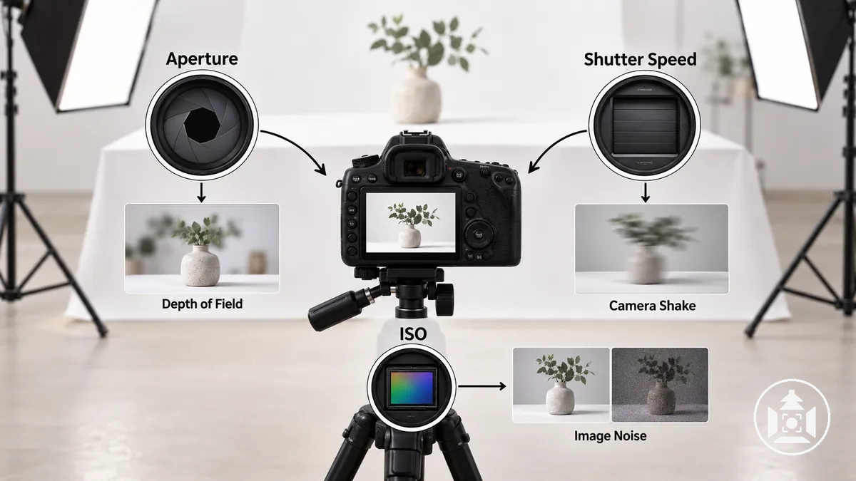 Blende, Verschlusszeit und ISO-Wert mit ihren primären Wirkungen in einem Produktfotografie-Aufbau
