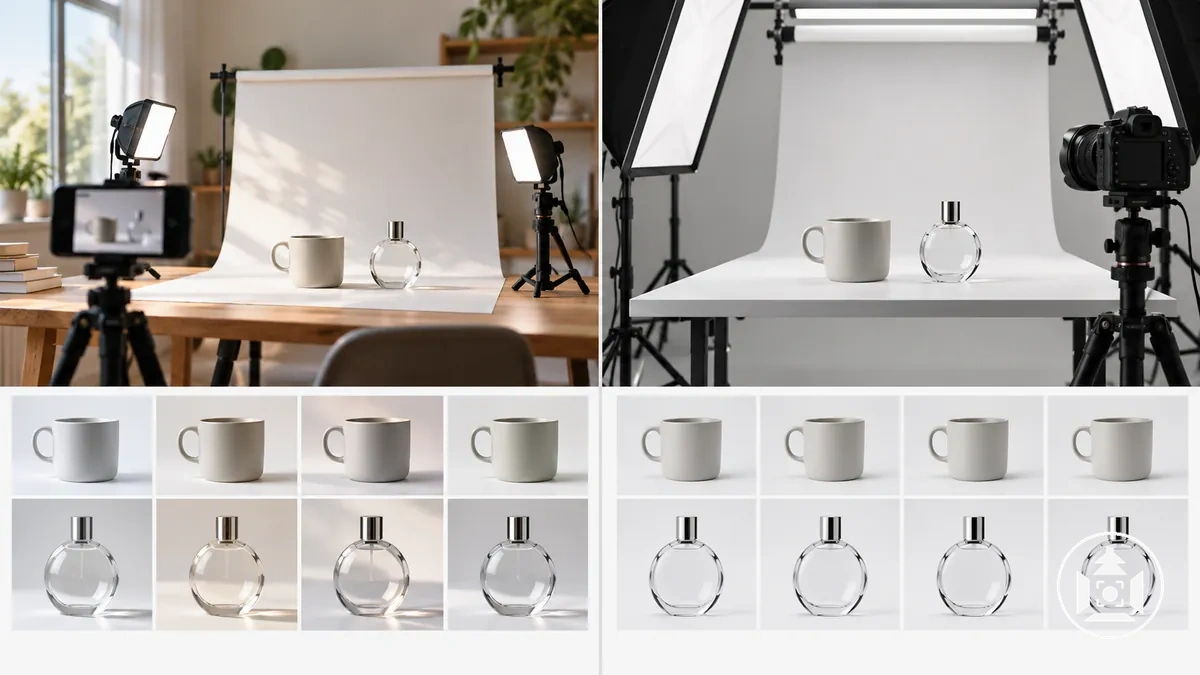 Umgebungen der DIY- und professionellen Produktfotografie, die Unterschiede in der Licht- und Hintergrundkontrolle zeigen
