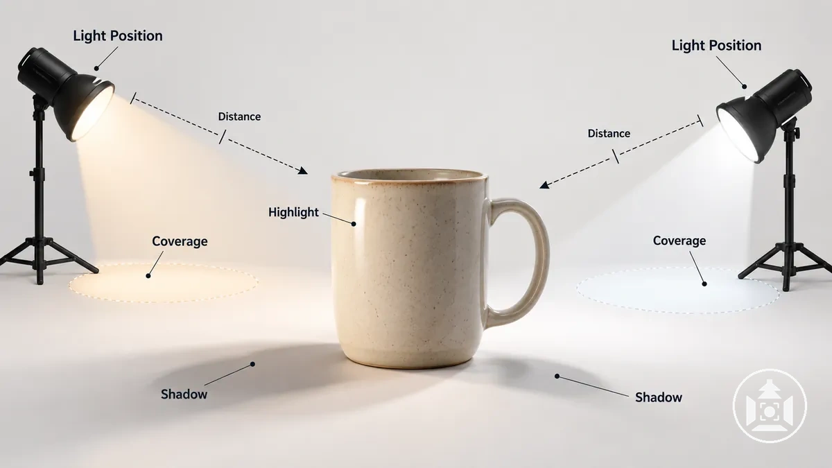Beleuchtungsdiagramm für die Produktfotografie mit zwei Lichtpositionen, Richtungspfeilen, Ausleuchtungsbereichen, Entfernungsmarkierungen und Veränderungen bei Glanzlichtern und Schatten