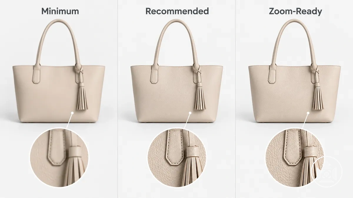 Vergleich der Zustände minimaler, empfohlener und zoomfähiger Pixelabmessungen für E-Commerce-Produktbilder.