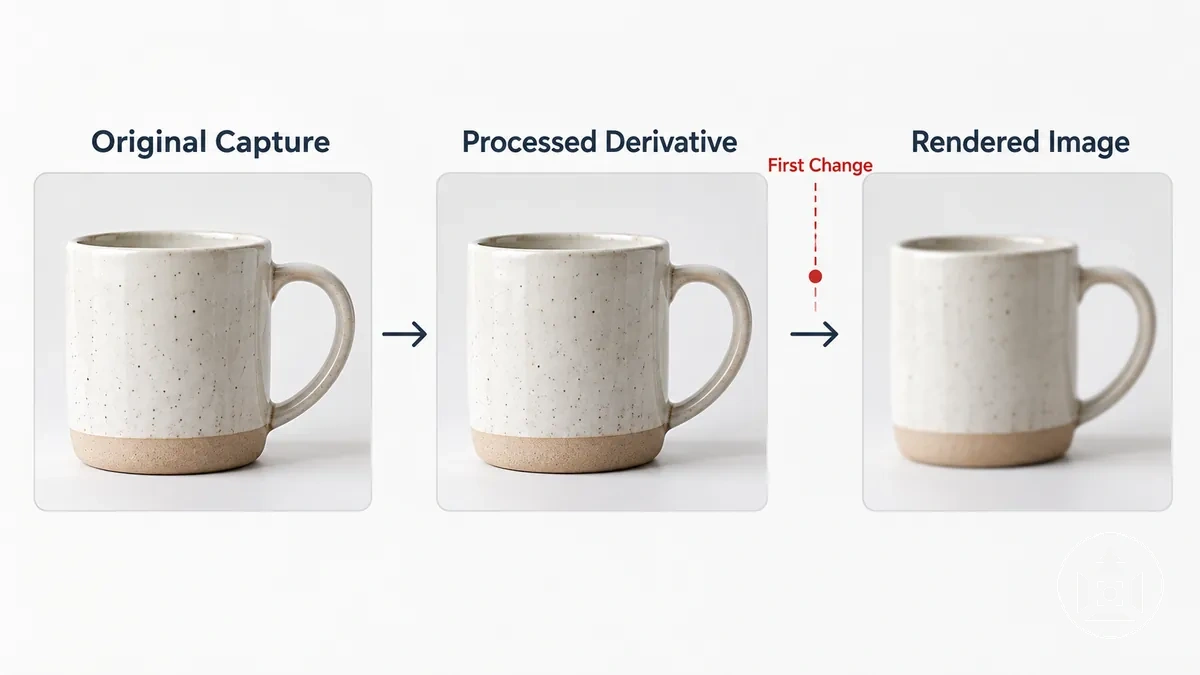 Produktbild-Workflow mit Original-, Bearbeitungs- und Render-Stufe, an denen Unschärfe auftreten kann