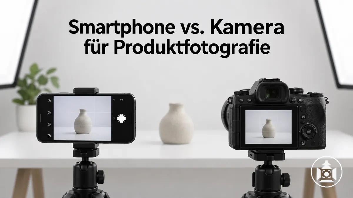 Smartphone und separate Kamera nebeneinander für E-Commerce-Produktfotografie