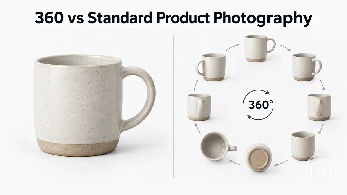 Ecommerce product shown as standard still photography and a 360-degree image sequence