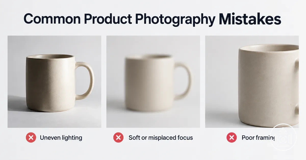 Examples of common ecommerce product photography mistakes in lighting, focus and framing