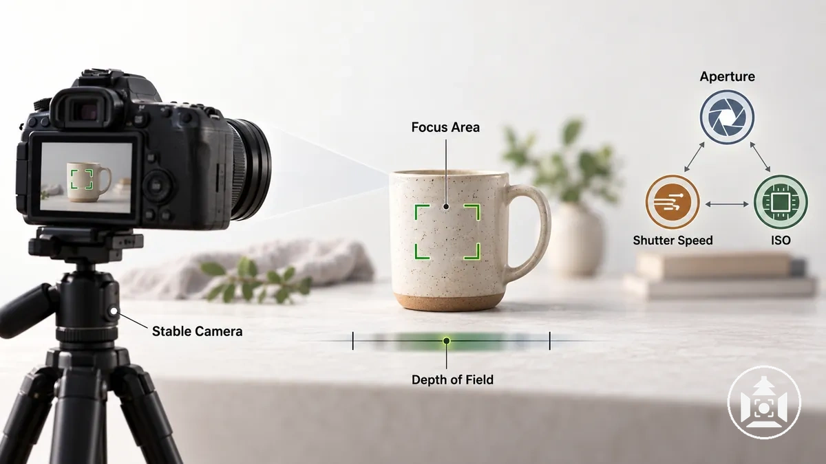 Supported camera aimed at a product with focus area, depth of field and exposure controls annotated