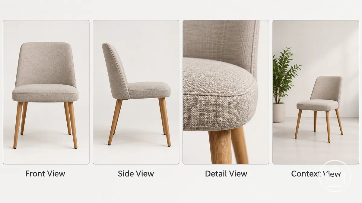 Same product shown from consistent front, side and detail viewpoints with framing boundaries
