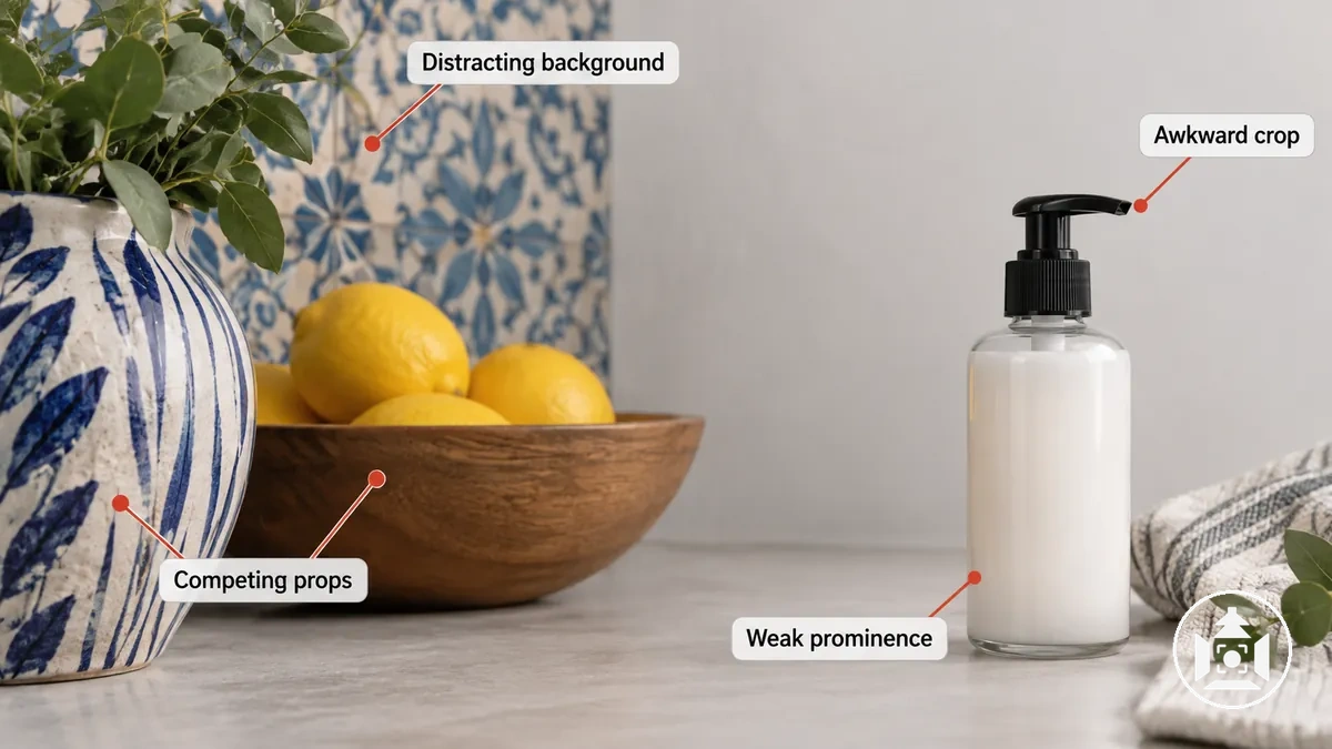 Annotated product photo showing distracting background, props and framing mistakes