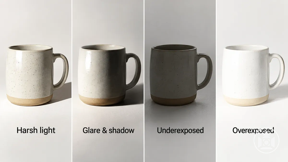 Product photography lighting examples showing harsh light, shadow and exposure problems