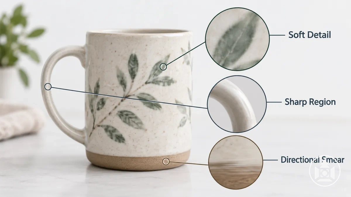 Original product photo with annotated soft detail showing blur present before processing