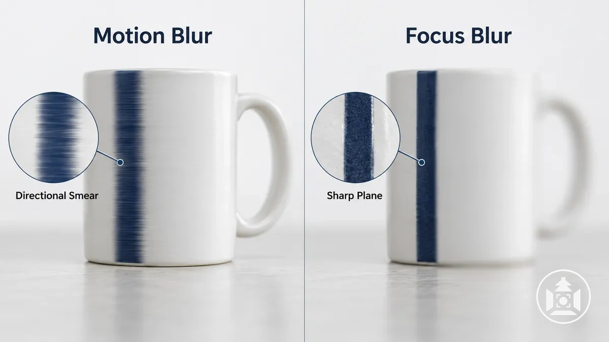 Motion blur and focus blur in product photos compared by edge smear and focus plane