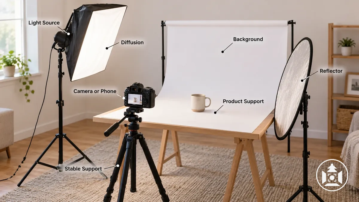 Essential home product photography setup with a camera or phone, stable support, product support, light modification and background