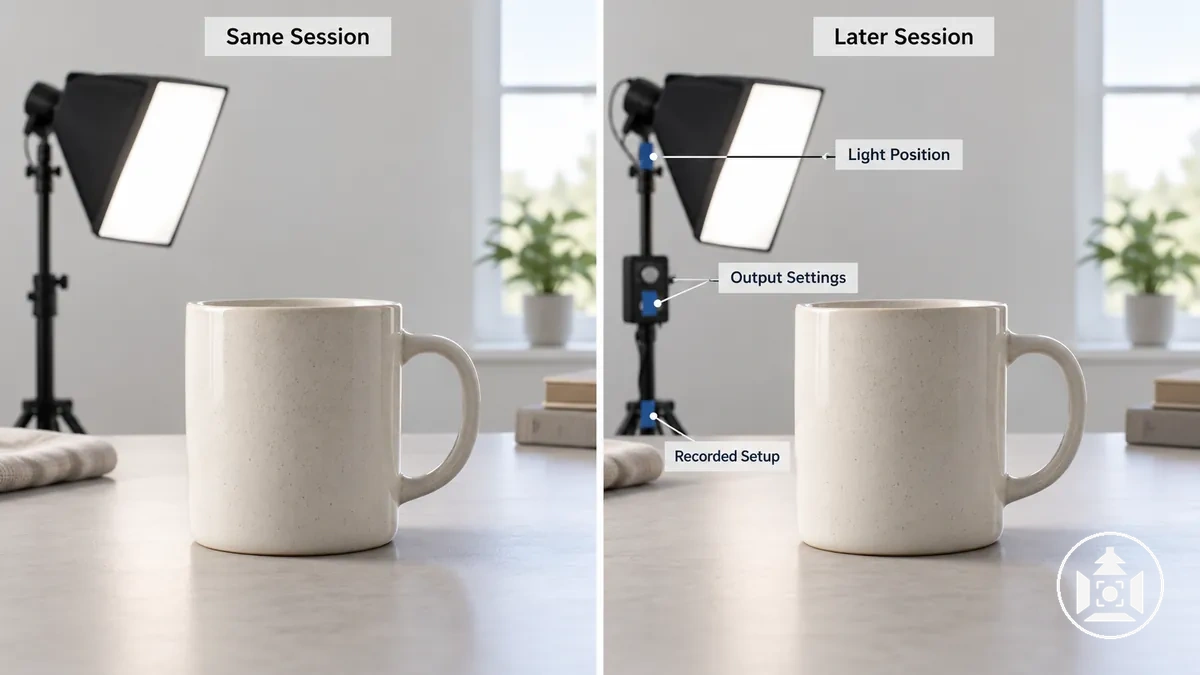 Repeated product photography sessions showing comparable lighting conditions across product images
