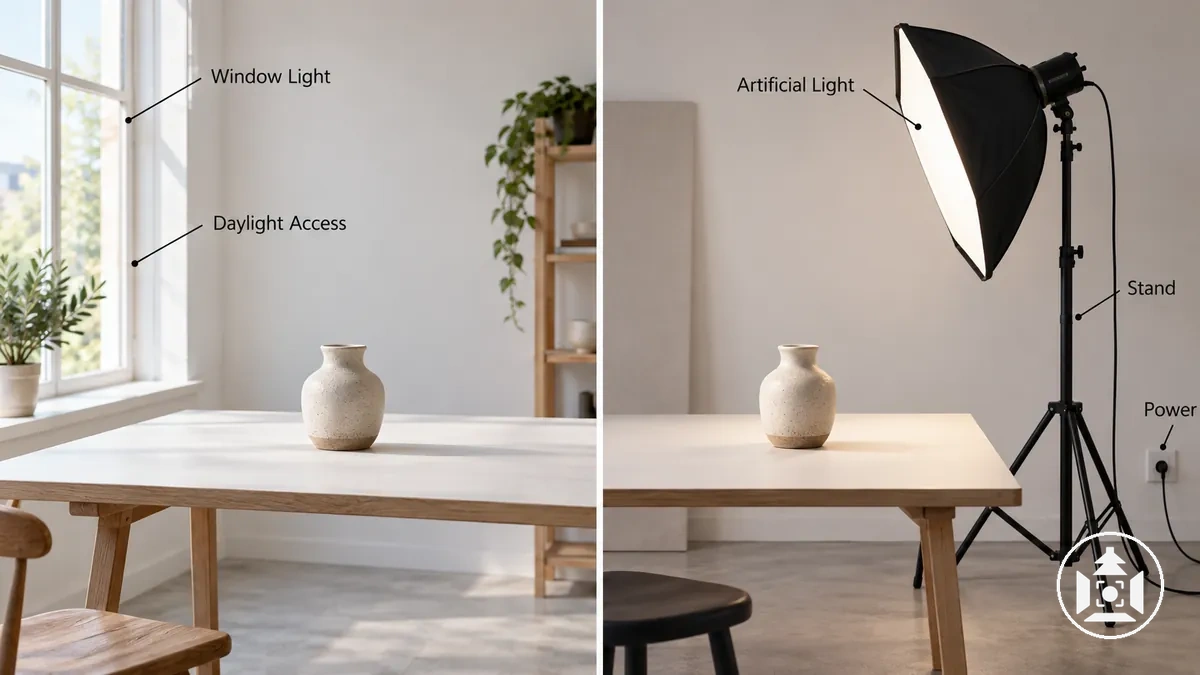 Product photography setups using window light and a basic artificial light with a stand