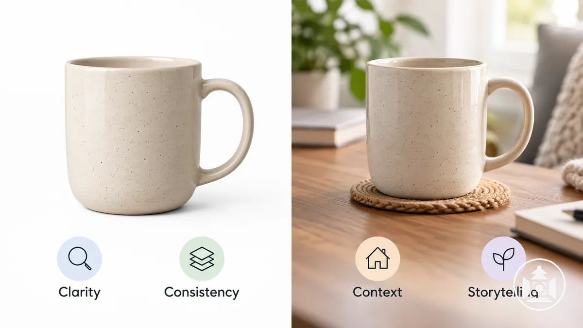 White-background and lifestyle product photos showing isolated and contextual presentations