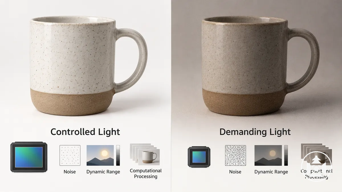 Same product under controlled and demanding light showing differences in noise, detail, highlights, and shadows