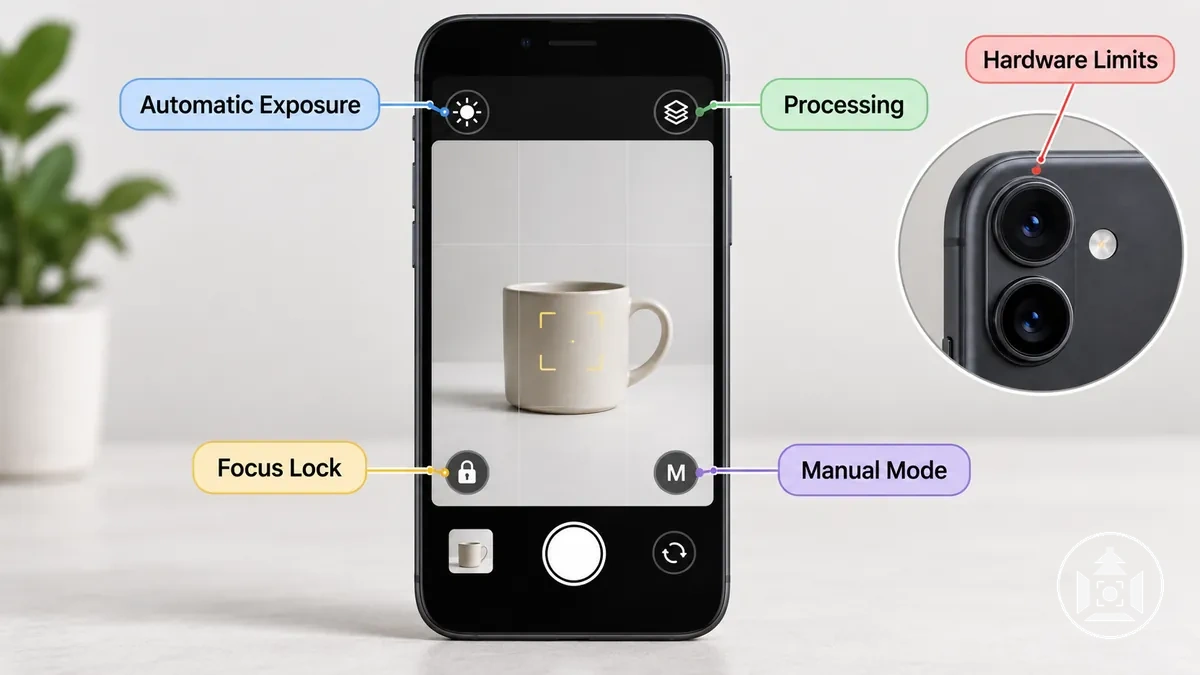 Smartphone camera showing automatic processing, lockable controls, conditional manual controls, and physical camera-system limits