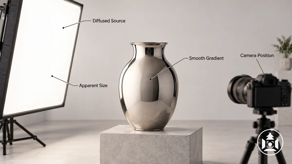 Large diffused light source creating a broad smooth reflected highlight on a reflective product