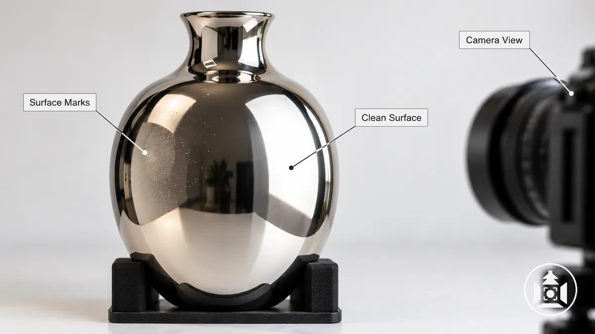 Reflective surface with subtle contamination beside a clean area, securely positioned for inspection from the camera viewpoint