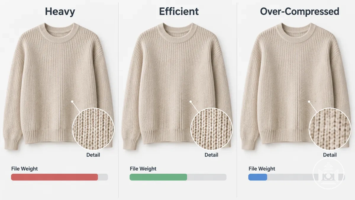 Same ecommerce product image shown with heavy, efficient and over-compressed file states.