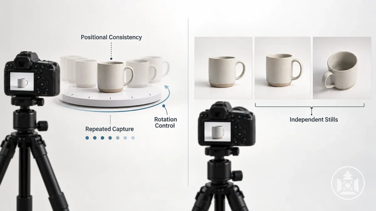 Consistent rotational product capture positions beside independently composed still captures