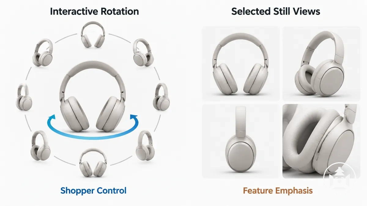 Same product shown with interactive rotational inspection and selected fixed still viewpoints