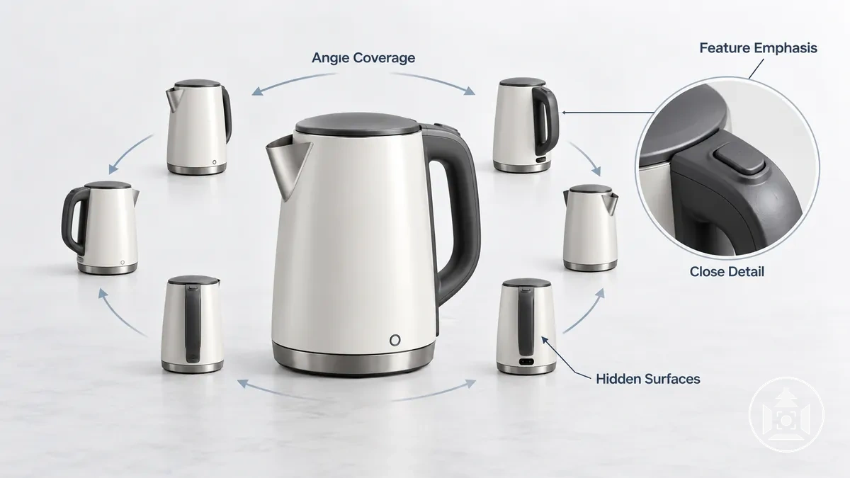 Product shown across rotational views with a selected close-up emphasizing a specific product detail