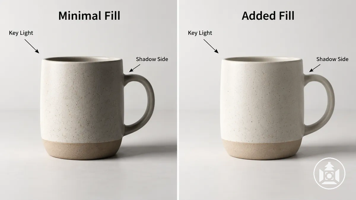 Same product and key-light direction compared with minimal fill and added fill to show changes in shadow brightness and contrast