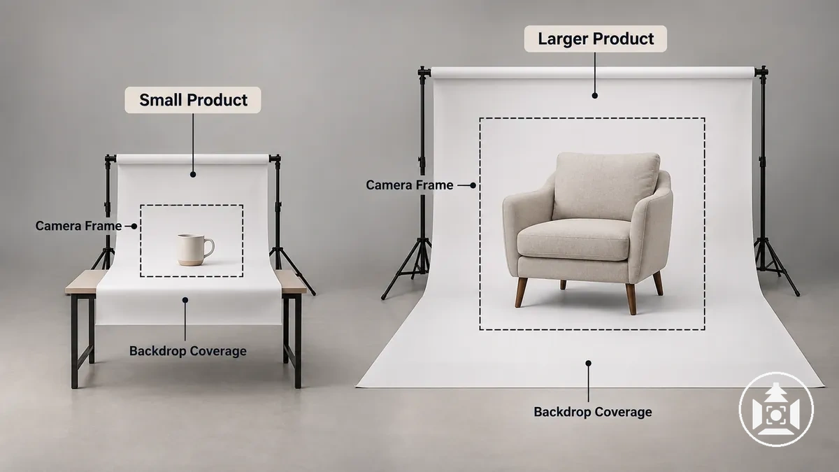 Background coverage around small and large products showing framing and backdrop margins