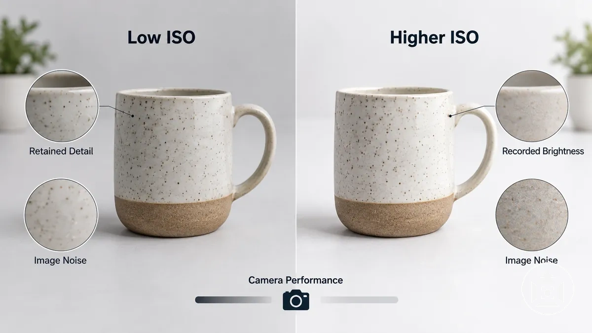 Lower and higher ISO conditions illustrating recorded brightness, image noise and retained detail