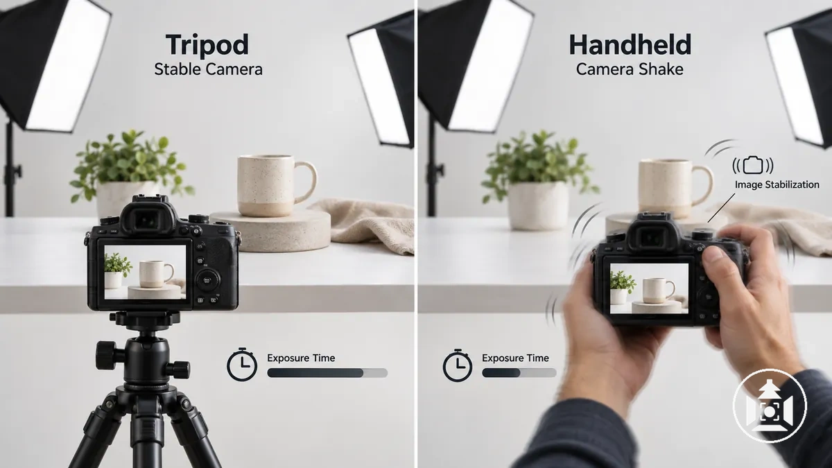Tripod-supported and handheld product photography showing how camera stability affects practical shutter speed