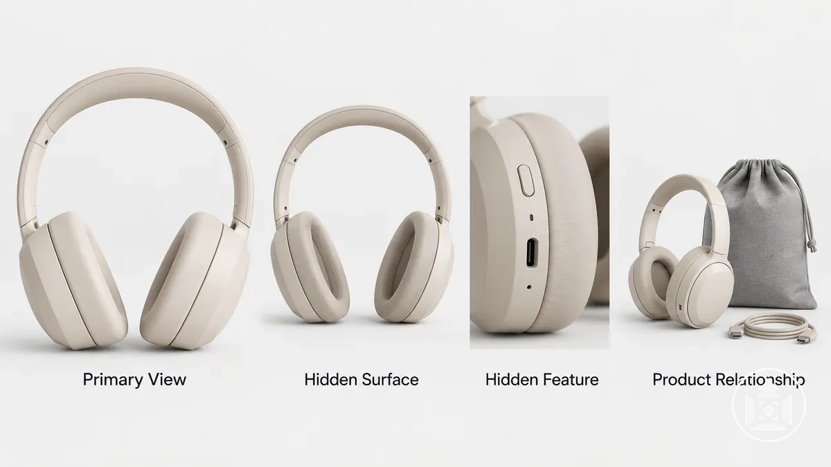 Primary and supporting product photography angles revealing different product features and surfaces.