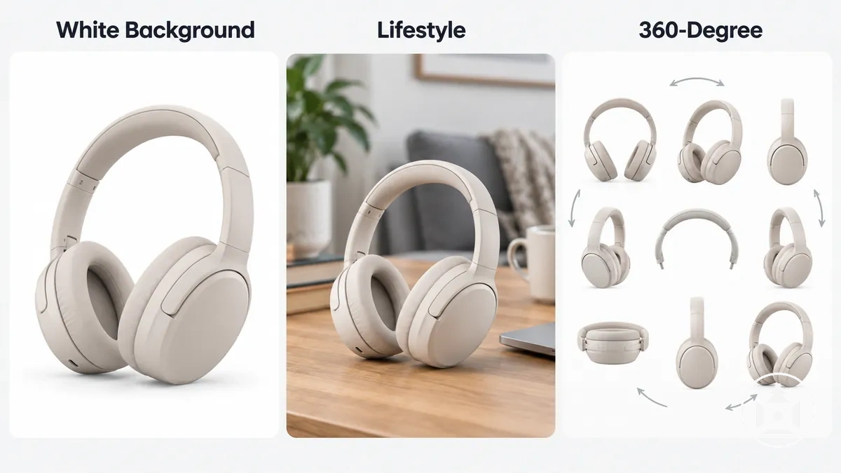 The same ecommerce product shown with white-background, lifestyle and 360-degree photography approaches