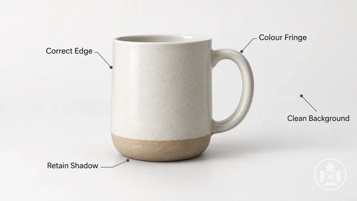 Annotated product photo showing clean background, refined edges and preserved contact shadow