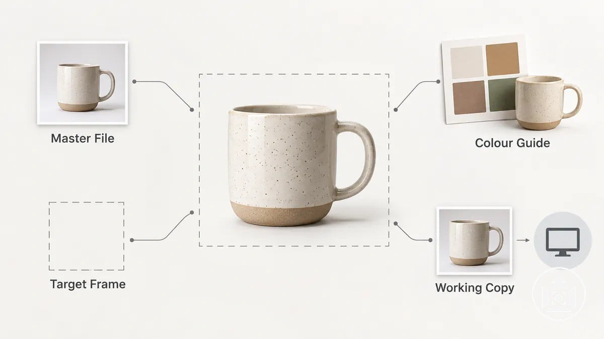 Prepared product images with source file, reference image and target framing before editing