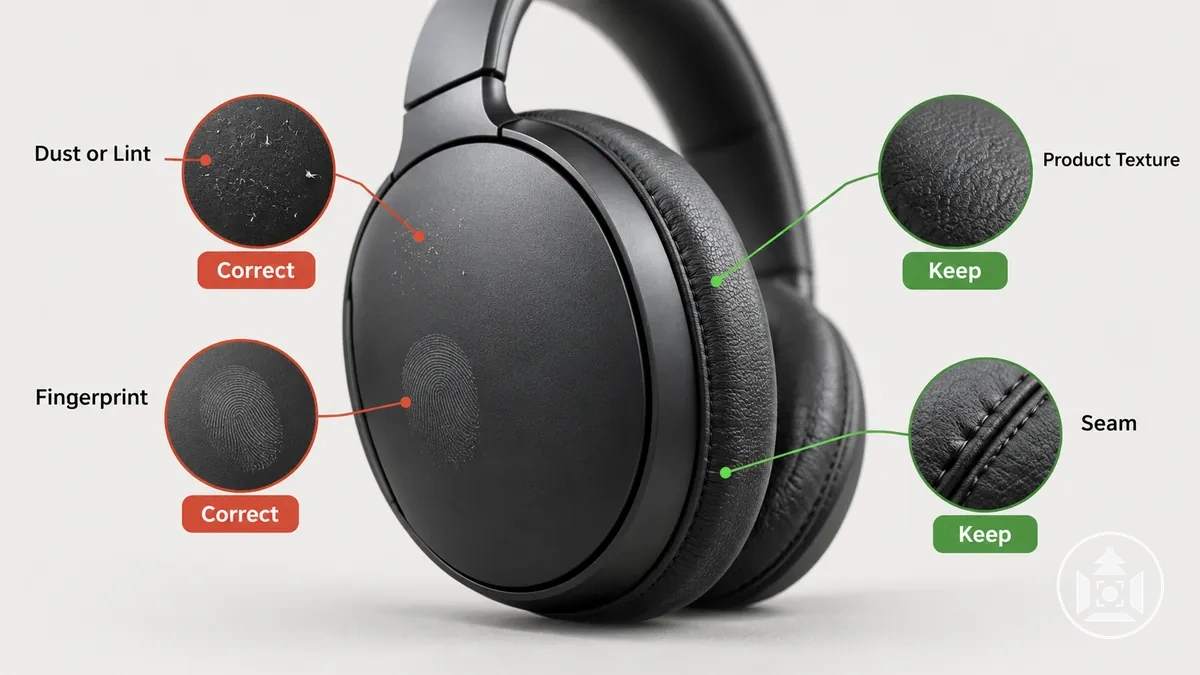 Annotated product photo distinguishing removable dust from genuine product texture and seams