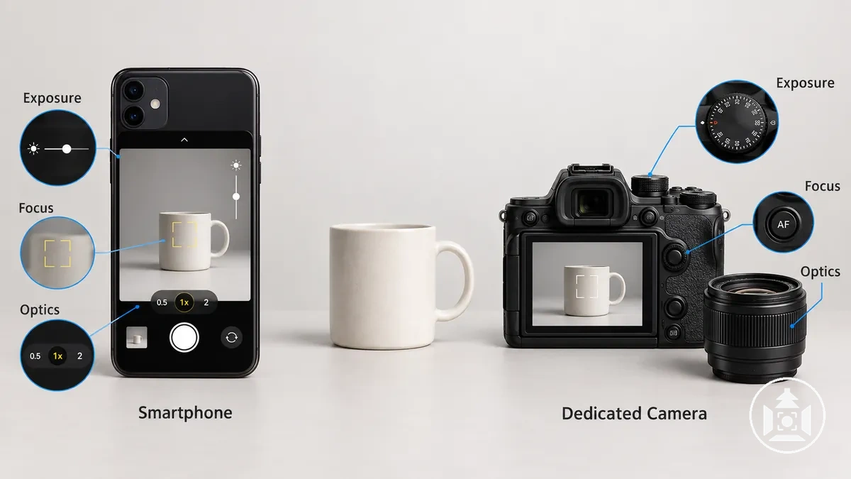 Smartphone y cámara dedicada mostrando opciones de control de exposición, enfoque y óptica para fotografía de producto.