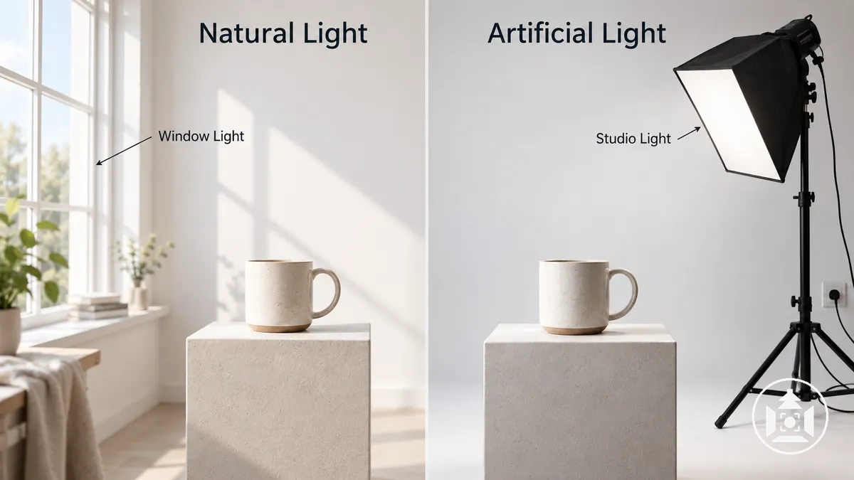 Montaje de fotografía de producto con luz natural de ventana e iluminación artificial