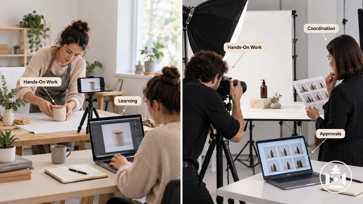Flujos de trabajo de fotografía de producto por cuenta propia y profesional que muestran diferencias en la producción práctica y las responsabilidades de coordinación