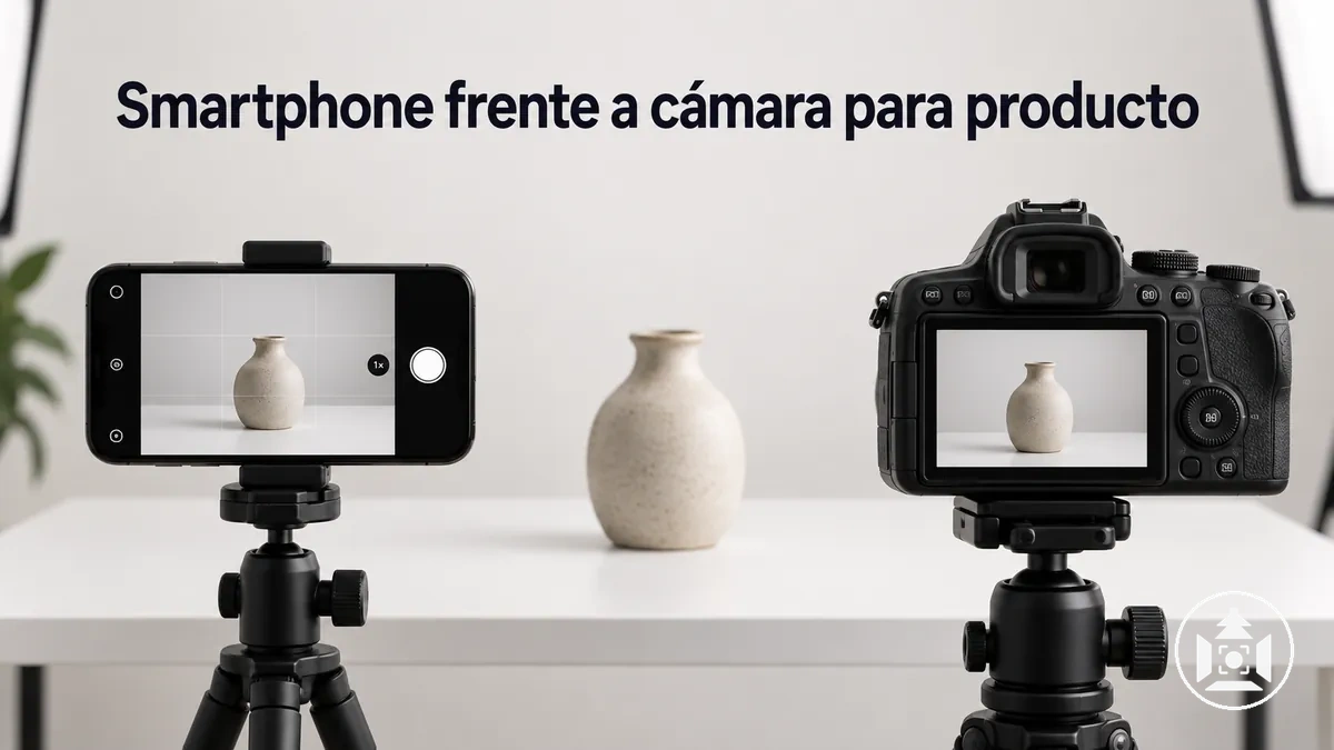 Smartphone y cámara dedicada utilizados lado a lado para fotografía de producto en ecommerce