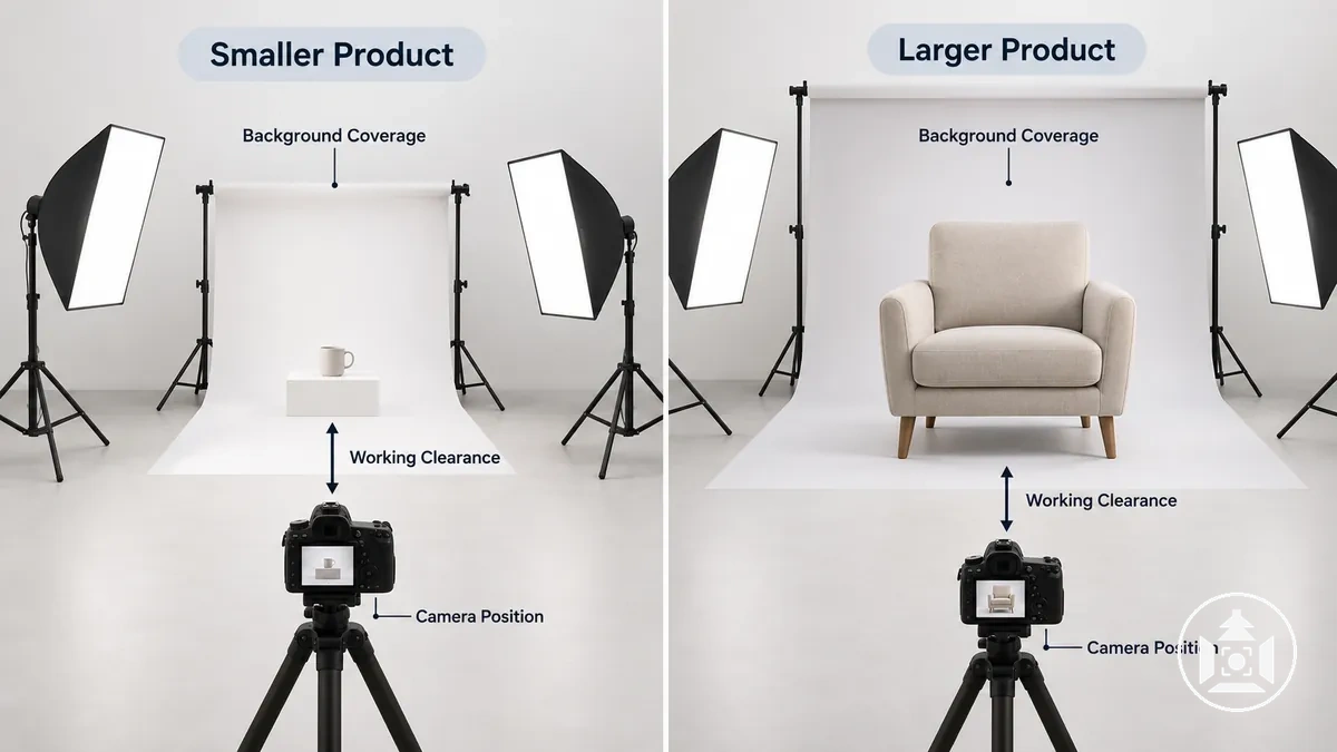 Diagramme comparant la distance de l appareil photo, la couverture du fond et le dégagement de travail pour des produits plus petits et plus grands