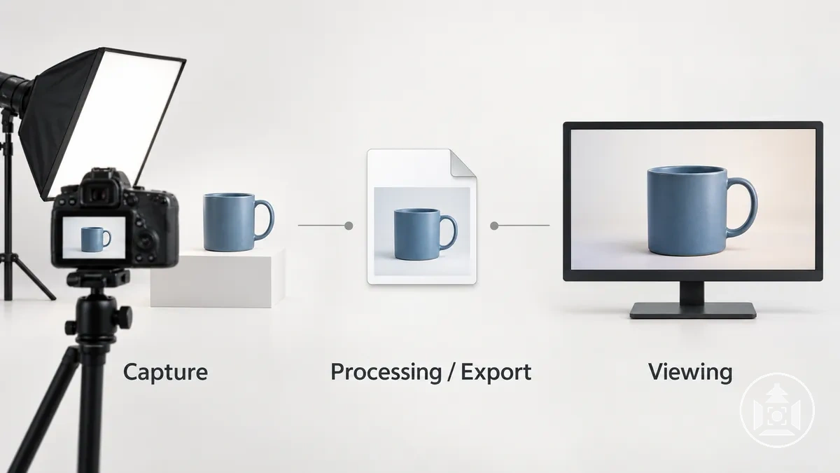 Diagramme montrant les étapes de prise de vue, d'exportation et d'affichage où la couleur d'une photo de produit e-commerce peut dévier