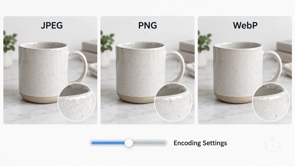 Images produits JPEG PNG et WebP illustrant les compromis entre qualité et taille de fichier