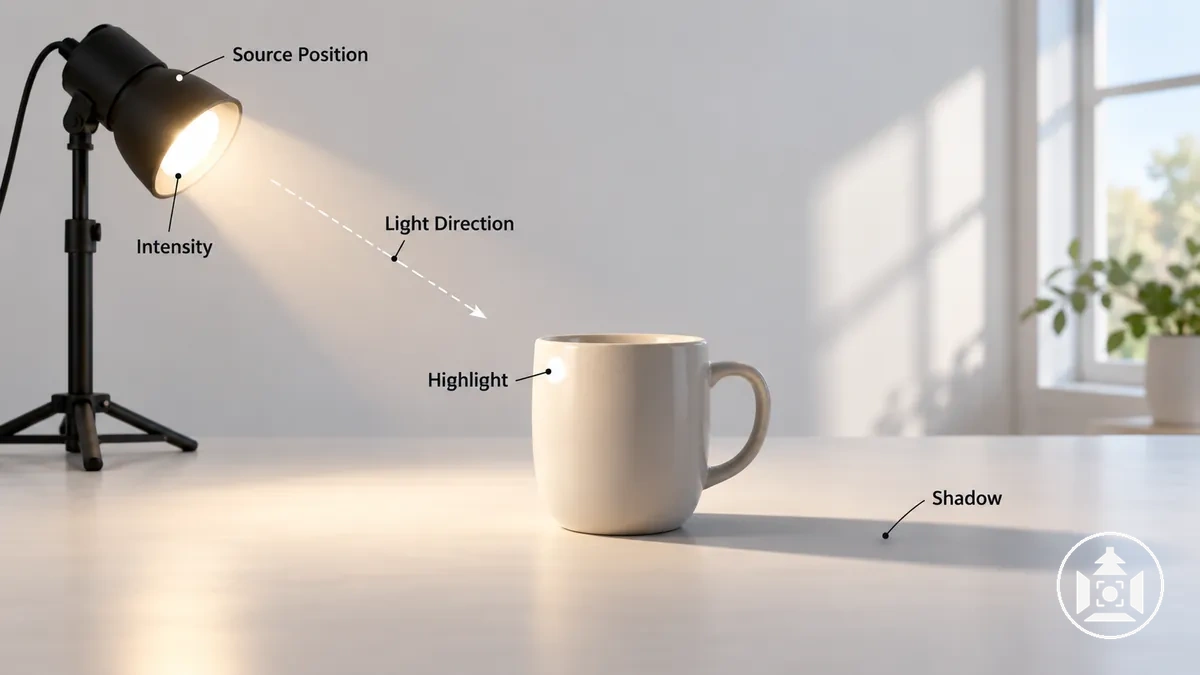Configuration de photographie de produit montrant la direction de la lumière, la position de la source et le placement des ombres autour d'un produit