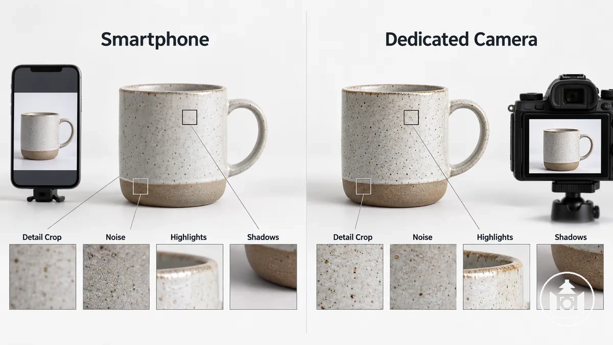 Recadrages de détail d’images de produit prises avec un smartphone et un appareil photo dédié dans des conditions comparables