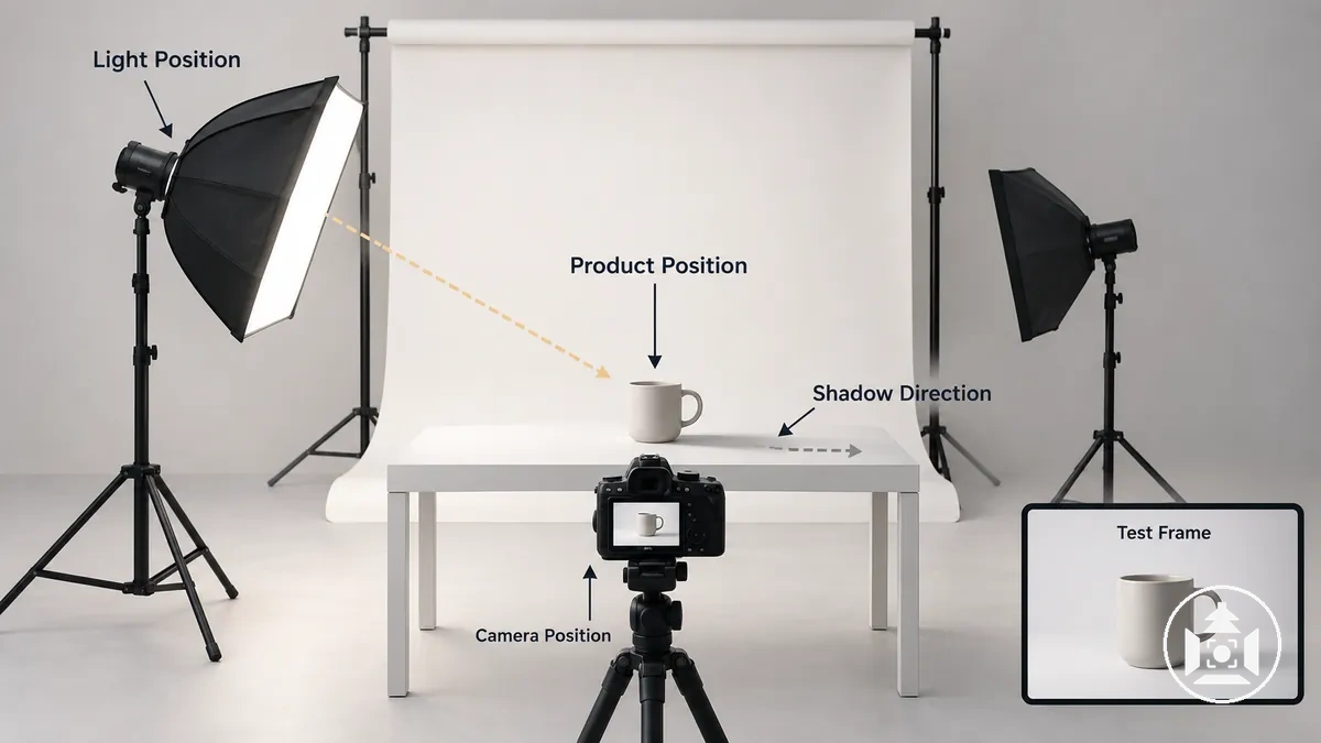 Positions reproductibles des lumières, du produit, de l’arrière-plan et de l’appareil photo avec une image de test pour comparaison