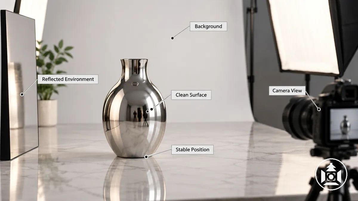 Produit réfléchissant positionné de manière stable dans une zone de prise de vue contrôlable avec une surface propre, un arrière-plan simple, des surfaces environnantes maîtrisées et la direction de prise de vue