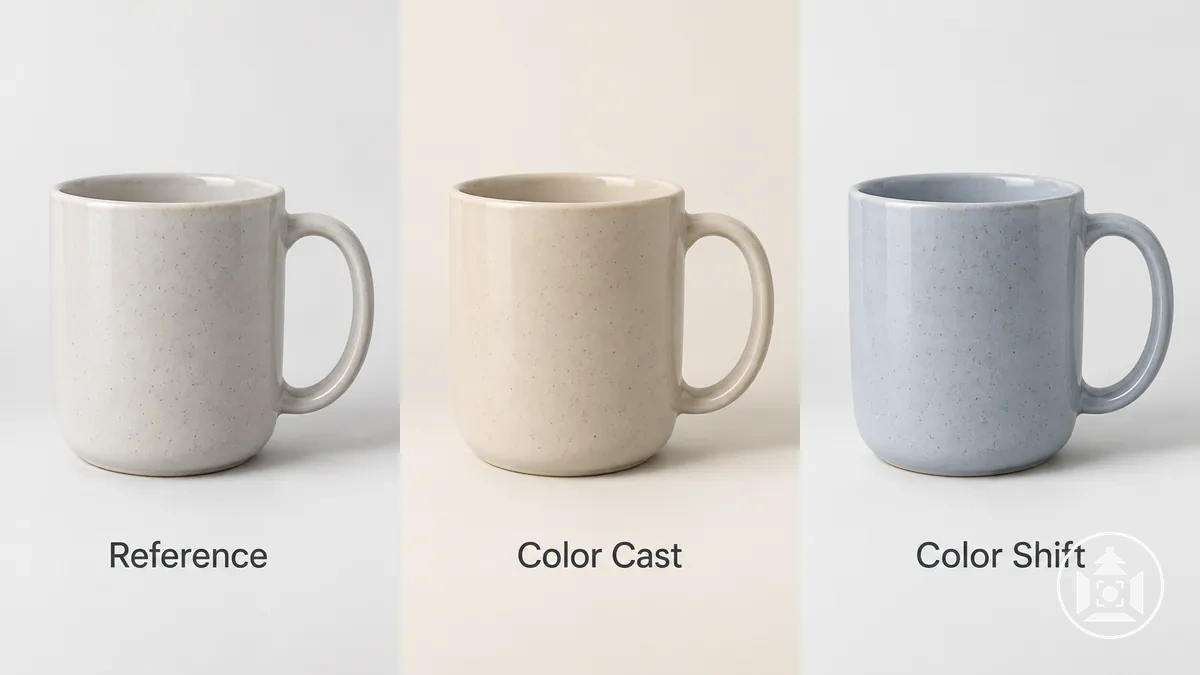 Photos de produit e-commerce montrant une référence neutre, une dominante colorée et un décalage de teinte du produit