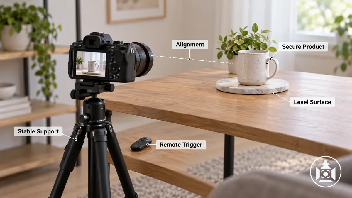 Appareil photo ou téléphone sur support stable et produit fixé sur une surface plane pour un alignement cohérent