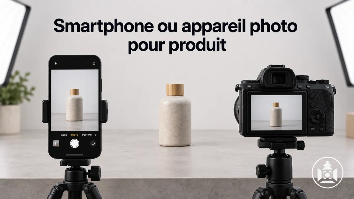 Smartphone et appareil photo dédié utilisés côte à côte pour photographier un produit e-commerce